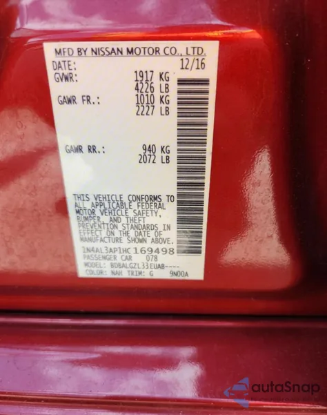 2017 Nissan Altima 2.5 z USA, uszkodzony, nr VIN 1N4AL3AP1HC169498